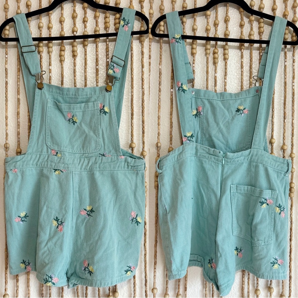 Cider Mint Green Embroidered Floral Short Overalls